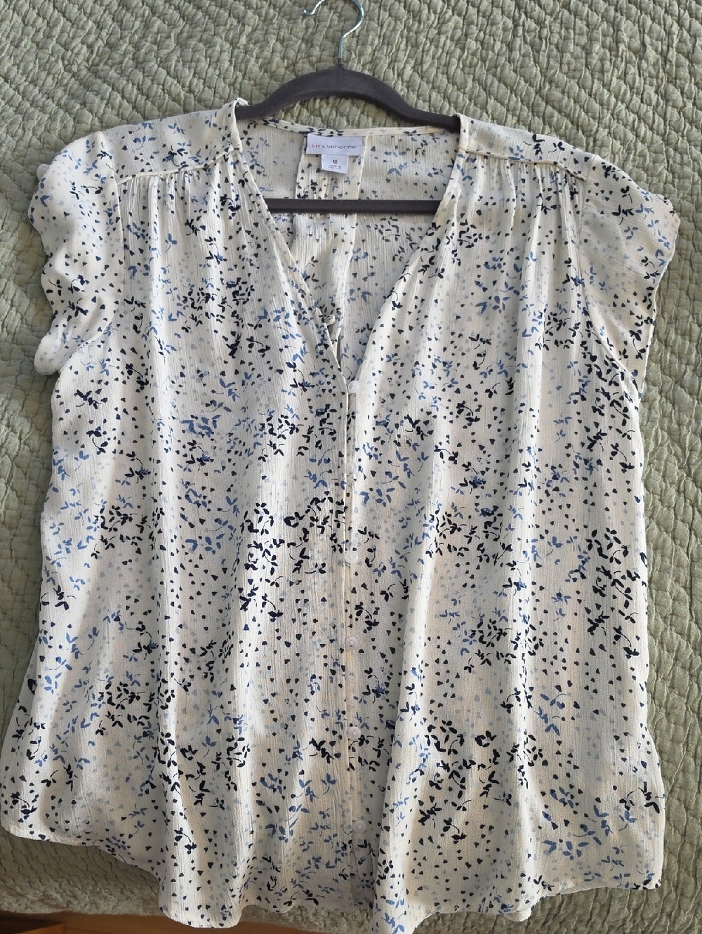 Liz Claiborne White, Blue, Black Print Top